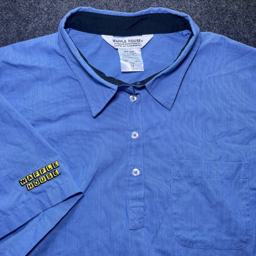 Waffle House Polo Shirt Womens 2X Blue Excellent Uniform Short Sleeve Logo‎